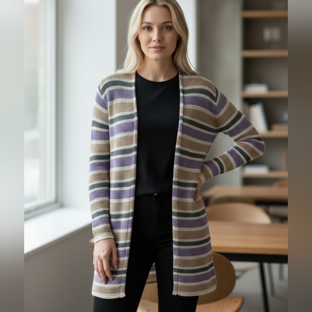 L’AGENCE Koi Striped Metallic Open-Knit Longline Cardigan NWT Large Duster - Picture 2 of 11